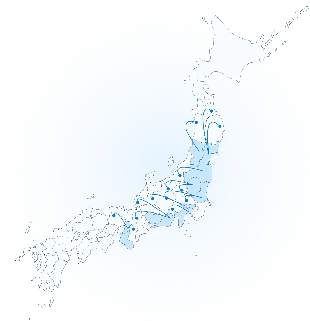 日本地図の13拠点からネットワークが伸びている画像
