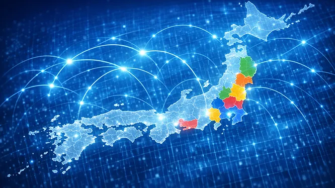 日本地図からネットワークの線が伸びている画像
