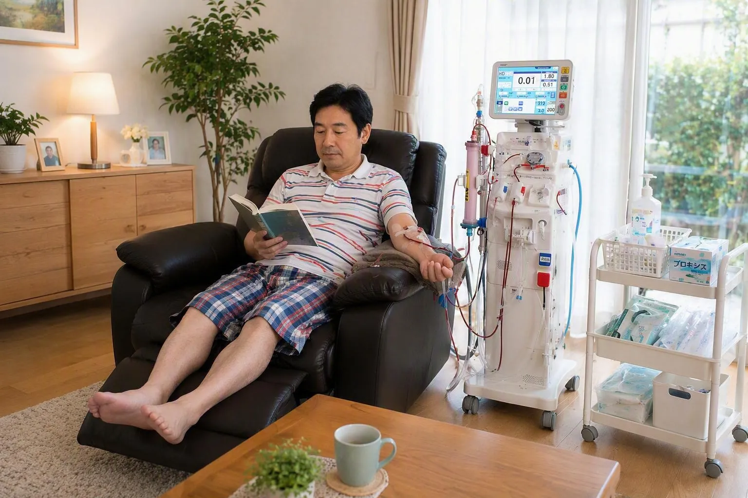 老人が自宅で機器を活用して透析を行っている画像