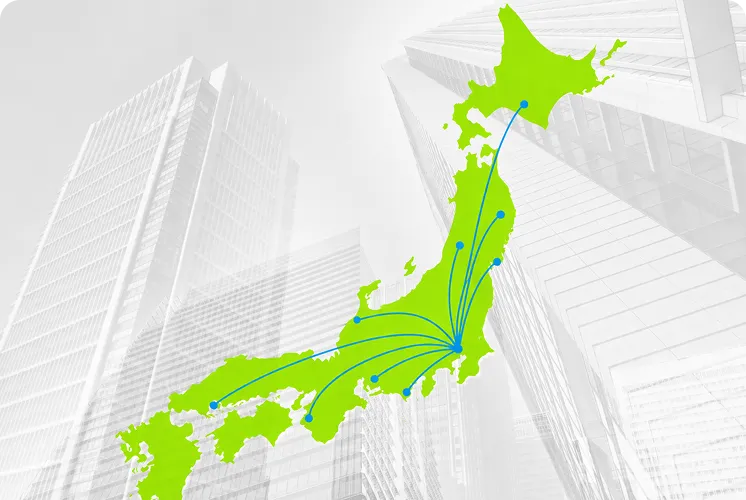日本地図からネットワークの線が伸びている画像